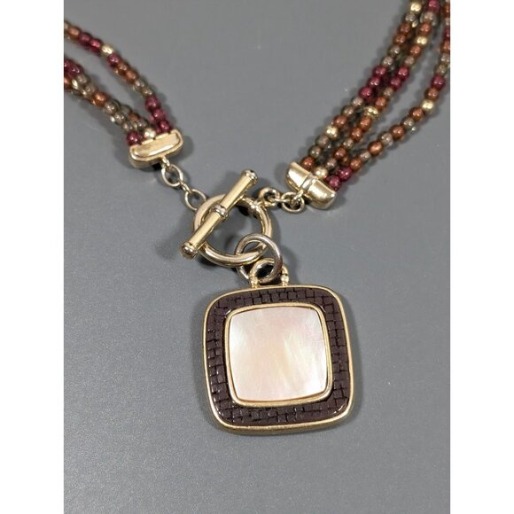 Monet MOP Shell Square Inlay Pendant Red Bead Toggle Necklace Boho 16 in - Picture 6 of 9